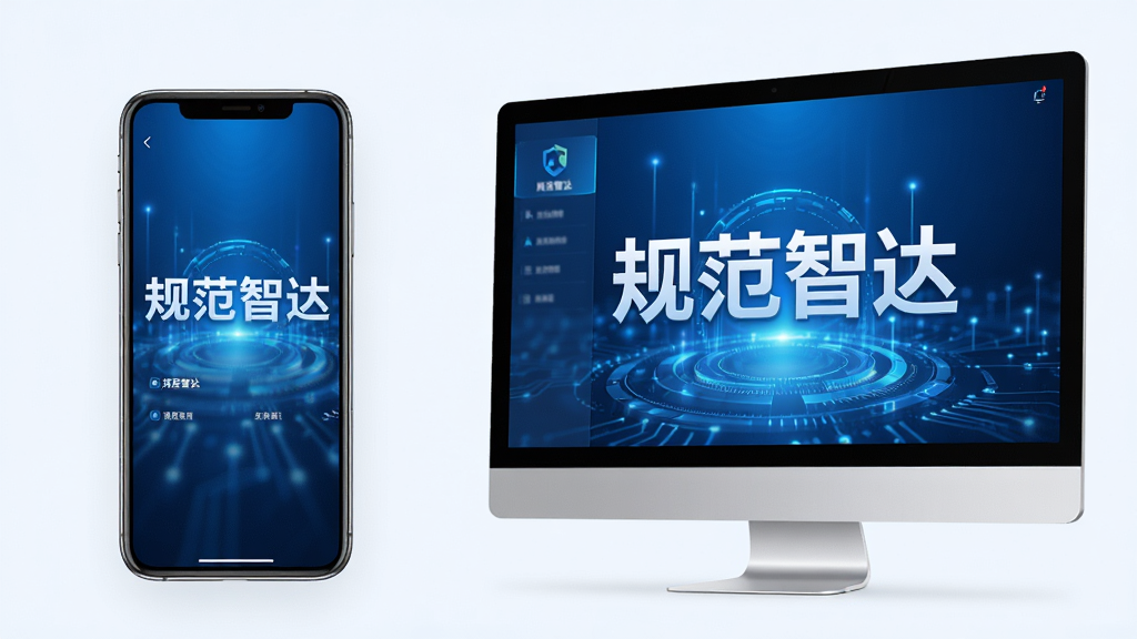 主体:手机与电脑屏幕同时显示规范智达运行界面,展现跨设备同步功能。布局:左右分屏构图,手机在左,电脑在右。排版:两屏幕内容一致,突出“规范智达”名称。风格:科技感,蓝色调,明亮光线。细节:屏幕无反光,文字清晰。画质:4K级渲染,干净无多余元素。