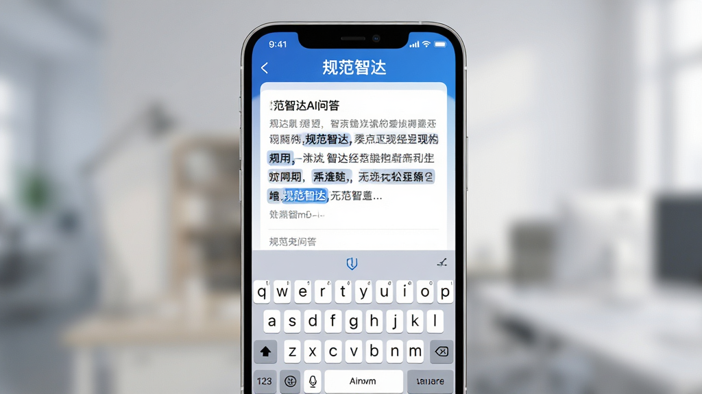 主体:智能手机屏幕显示规范智达AI问答界面,下方为键盘输入框,屏幕上出现条文答案与高亮关键词。布局:手机居中,屏幕朝前,背景虚化处理。排版:界面简洁,答案文字清晰,顶部有“规范智达”标识。风格:现代简约,蓝白配色,柔和光影。细节:文字内容可读,突出“规范智达”品牌。画质:高清渲染,干净无多余元素。