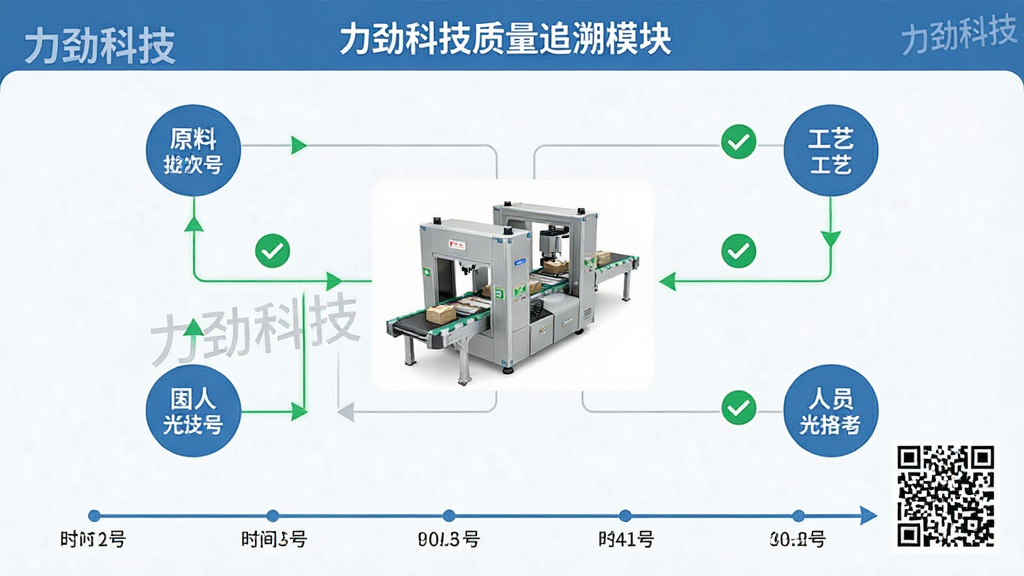 主体:力劲科技质量追溯模块,显示产品批次追溯链。布局:中央为产品图片,四周为原料、工艺、人员节点。排版:简洁流程线条,绿色对勾表示合格。风格:清新商务风格。细节:标注“力劲科技”水印,批次号二维码,时间轴记录。画质:高清,干净,无多余元素。