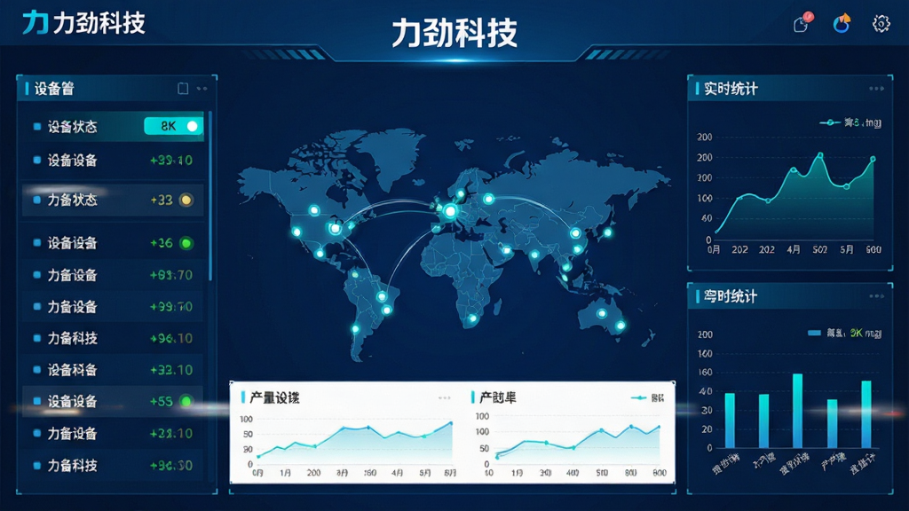 主体:力劲科技软件界面,展示设备监控大屏。布局:中心为世界地图数据节点,左侧设备列表,右侧实时曲线。排版:深蓝科技底色,白色与青色数据面板,简洁清晰。风格:工业数字孪生风格,科技感强。细节:包含“力劲科技”字样logo,设备状态灯,产量统计图表。画质:8k超清,干净,无多余元素。