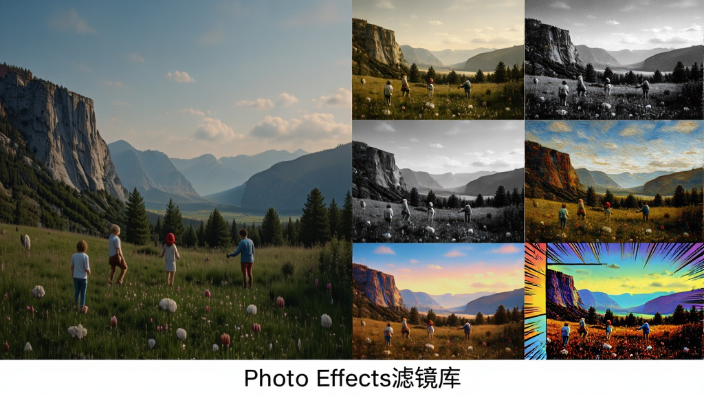 画面主体为一张风景照片应用多种滤镜后的效果对比拼图,左侧是原始照片,右侧依次排列复古、黑白、油画、漫画等不同风格效果图;采用清晰对比排版,图片风格丰富多样,细节层次分明,画质高清,干净无多余元素,图片下方标注“Photo Effects滤镜库”