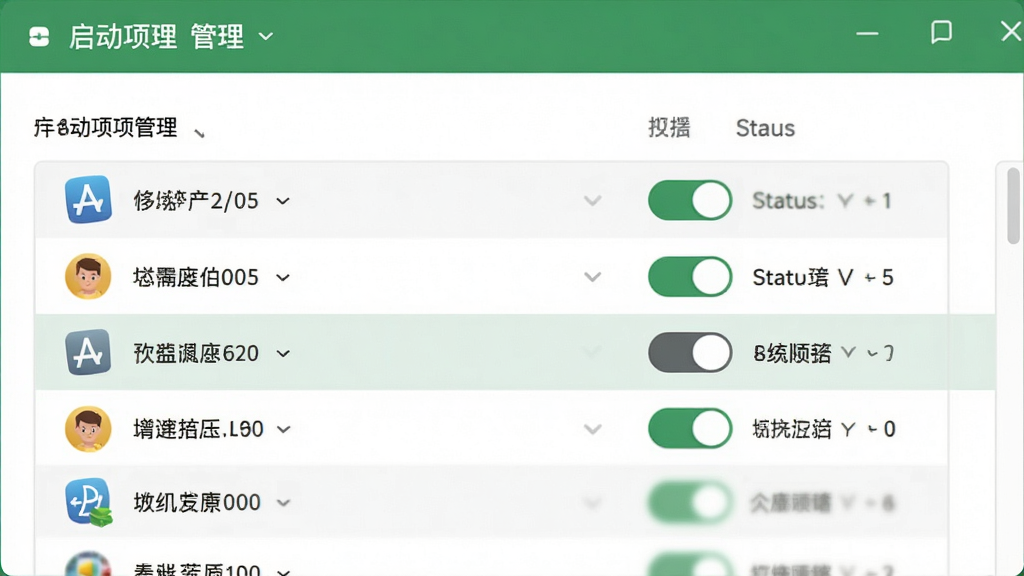 展示启动项管理页面,列表中包含多个软件名称及状态开关,其中一个开关被关闭,界面风格清爽,绿白配色,信息清晰,细节到位,画质高,无多余元素