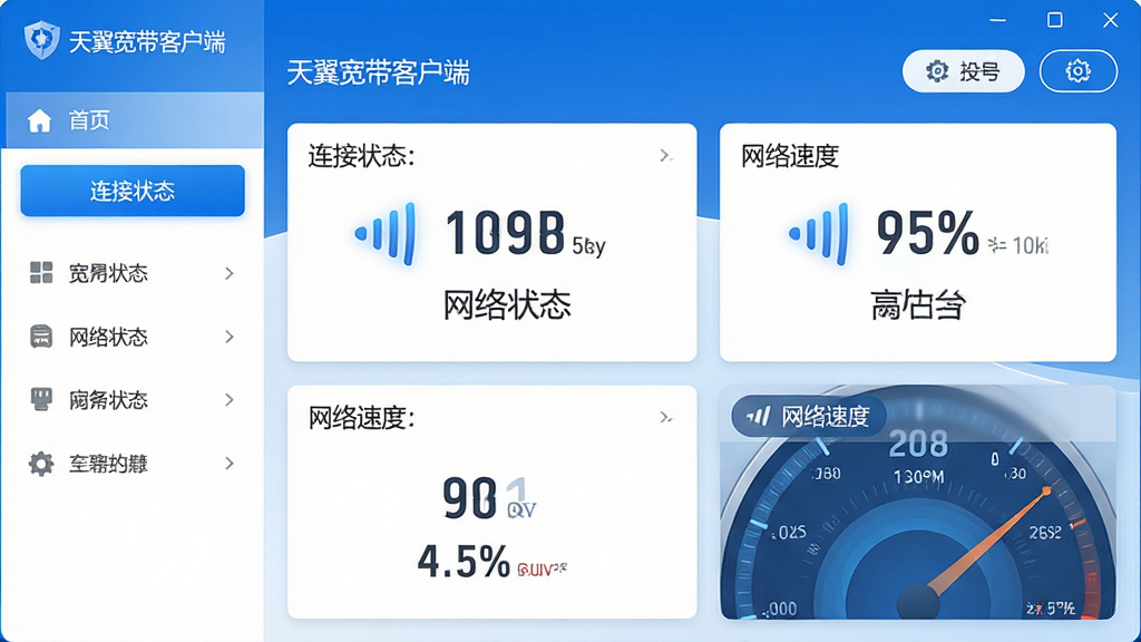 主体:天翼宽带客户端主界面截图,显示连接状态与网络速度仪表盘。布局:左侧功能导航栏,右侧大面积的网络状态展示区,顶部为账号信息与设置按钮。排版:清晰的信息层级,卡片式模块排列。风格:现代科技感,蓝色主色调搭配白色背景,扁平化设计。细节:连接按钮高亮显示,信号图标与速率数字清晰可读,界面标注