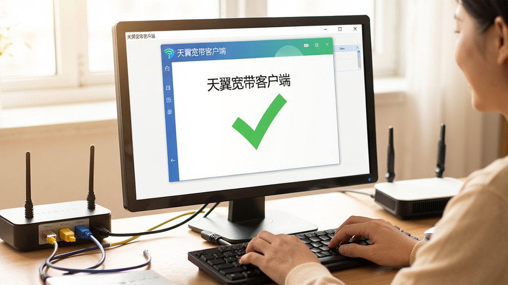 主体:用户正在电脑前操作天翼宽带客户端进行网络诊断,屏幕显示绿色对勾。布局:电脑屏幕居中,用户手部在键盘上,周围有网线接口和光猫设备。排版:画面聚焦于软件界面,环境光线明亮。风格:写实风格,色调温暖,体现解决问题的愉悦感。细节:屏幕中显示“天翼宽带客户端”字样,诊断结果全部通过,无多余元素。画质:高清摄影级,干净,无多余元素。
