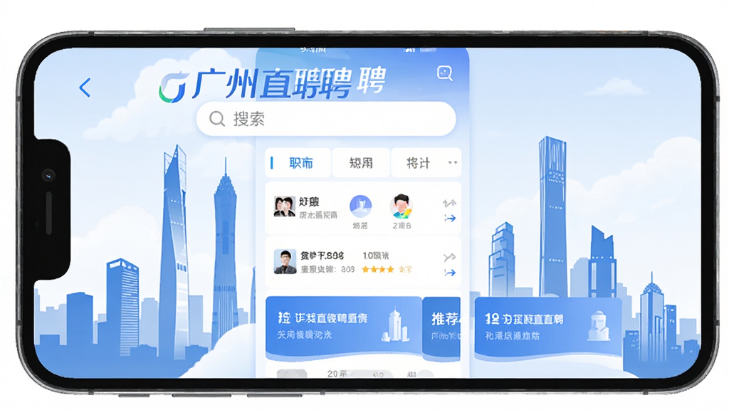 广州直聘app主界面展示,手机屏幕内显示“广州直聘”品牌标识、搜索栏、职位列表与推荐卡片,背景为广州市天河CBD建筑群剪影,整体采用蓝白主色调,扁平化设计,界面清爽,布局合理,画质清晰,干净无多余元素