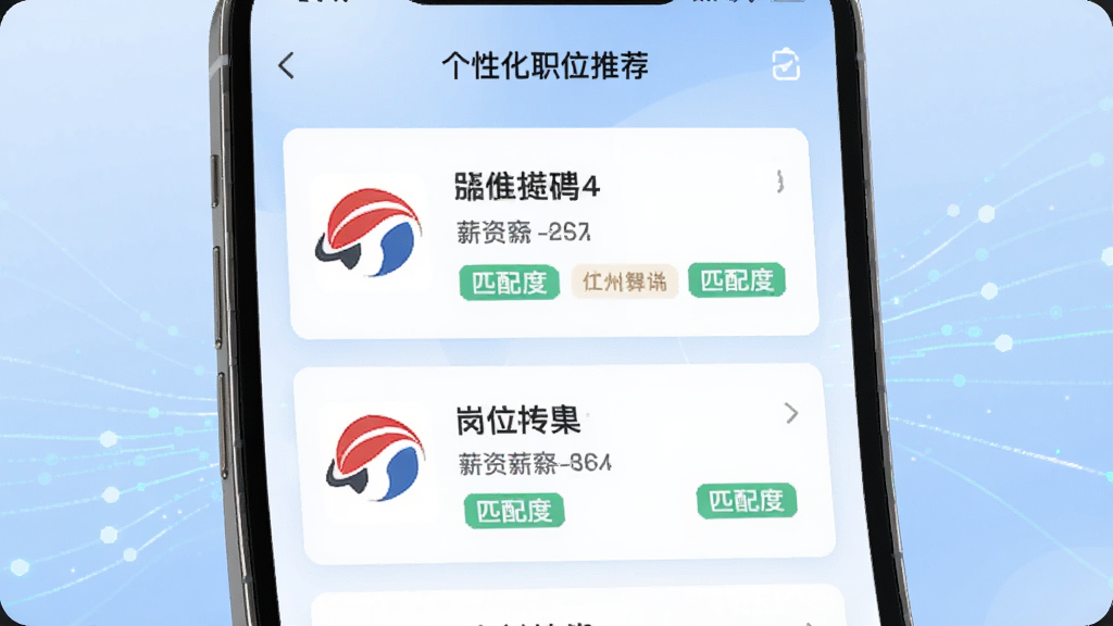 广州直聘智能推荐功能界面,手机屏幕展示个性化职位推荐列表,每张职位卡片包含公司logo、岗位名称、薪资范围与匹配度标签,背景以柔和的浅蓝色渐变,配以数据流转线条,体现智能算法,整体风格现代科技感,界面干净,画质清晰,无多余元素