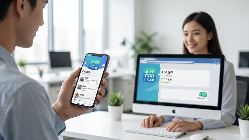 广州直聘使用场景示意图,一位求职者手持手机浏览职位,另一位HR正在电脑端回复消息,背景是明亮的办公环境,界面显示“广州直聘”应用图标,整体风格写实自然,画面干净,画质清晰,无多余元素