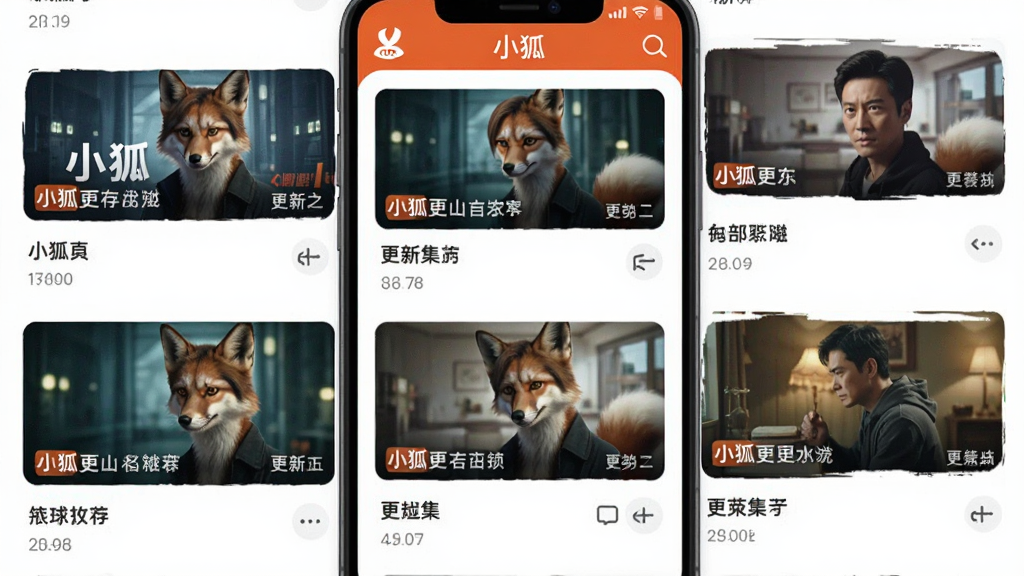 画面主体为智能手机竖屏界面,展示小狐APP首页推荐列表,列表中有多个短剧封面缩略图,每个封面下方显示剧名和更新集数,整体排版为上下滑动列表布局,风格为清爽的UI设计界面截图风格,细节上突出“小狐”品牌色橙色与白色搭配,画质清晰干净,无多余元素