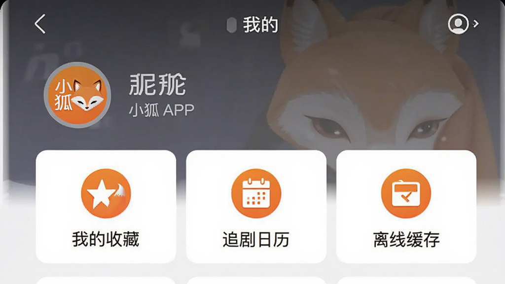 画面主体为小狐APP的“我的”页面,顶部显示用户头像与昵称,下方有“我的收藏”“追剧日历”“离线缓存”等功能图标排列,整体排版为网格布局,风格为简洁的APP界面设计,细节上突出“小狐”品牌元素橙色圆形图标,画质干净清晰,无多余元素