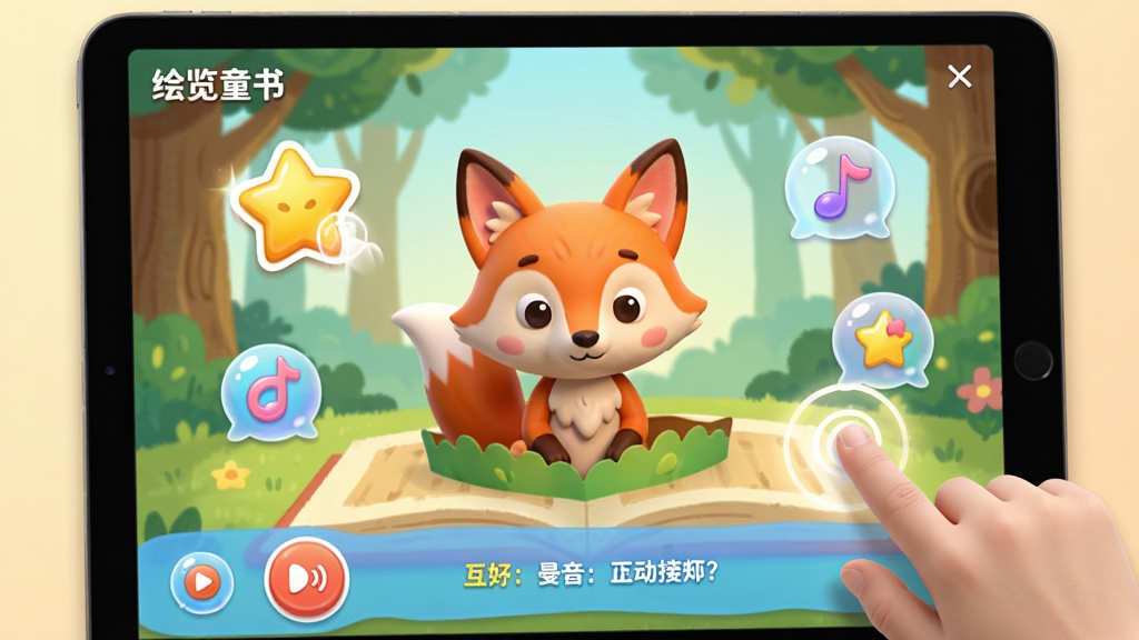 画面主体为“绘览童书”应用内的一段绘本页面,页面中央是一只立体弹出式的小狐狸角色,周围环绕着可点击的星星、音符和气泡图标。布局采用平板电脑横屏界面,绘本画面占据大部分屏幕,下方有录音按钮与互动提示条。排版以儿童友好的大图标为主,色彩活泼。风格3D卡通渲染结合2D手绘背景,光线柔和。细节表现手指点击触发动画光效,画质高清流畅,无多余元素