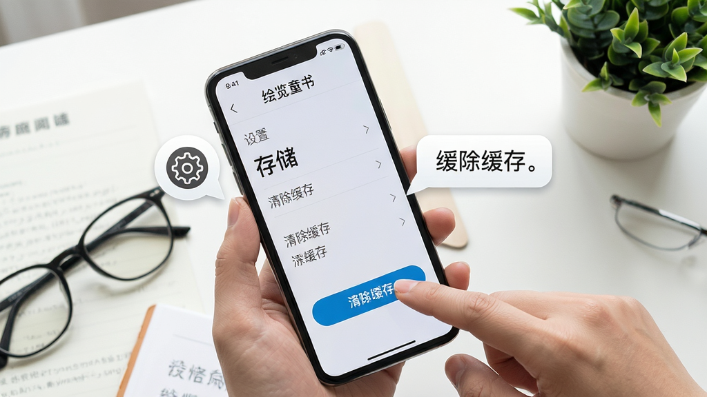 画面主体为一部智能手机屏幕显示“绘览童书”阅读页面,手机侧方有齿轮设置图标和缓存清理提示气泡。布局采用手持手机俯拍视角,另一只手点击屏幕上的“清除缓存”按钮。排版简洁,背景为简约书桌,放有眼镜和绿植。风格写实摄影风格,光线明亮,细节突出操作步骤文字“设置”、“存储”、“清除缓存”,画质高清干净,无多余元素