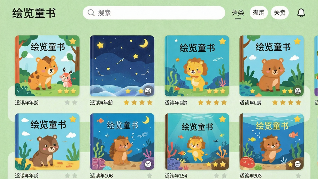 画面主体为“绘览童书”应用书架界面,屏幕上整齐排列多本色彩鲜艳的儿童绘本封面,包含动物、星空、海洋等主题。布局采用平视截屏样式,书架背景为淡绿色护眼纹理,界面顶部显示搜索栏与分类标签。排版上突出绘本封面的大尺寸缩略图,下方标注适读年龄。风格扁平化UI设计,色彩明快但不刺眼。细节包括星星评分、亲子共读图标,画质干净无多余元素,文字清晰标注“绘览童书”