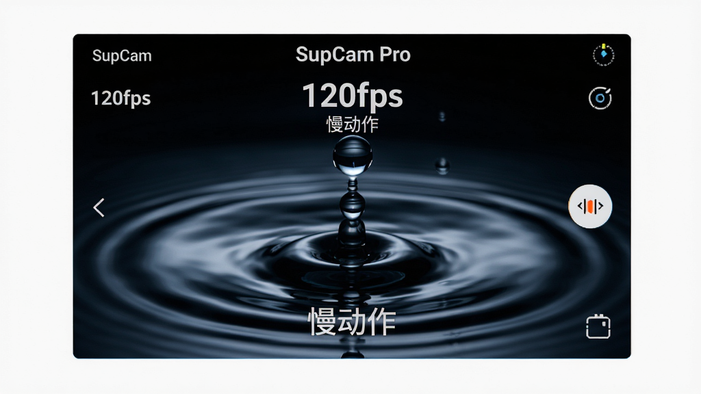 展示SupCam Pro高帧率慢动作录制界面,主体为水滴落入水面的高速摄影画面,背景深色突出细节,布局居中,排版简洁,风格炫酷,细节显示“120fps”与“慢动作”字样,画质高清流畅,干净无多余元素