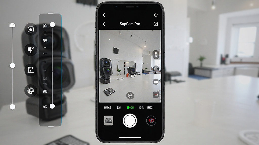 图片展示SupCam Pro应用界面全貌,主体为手机屏幕内相机取景画面,包含丰富的参数调节滑块与功能图标,布局清晰,排版专业,风格科技感十足,细节处展现快门按钮与录制指示灯,画质高清,干净无多余元素,文字标注“SupCam Pro”