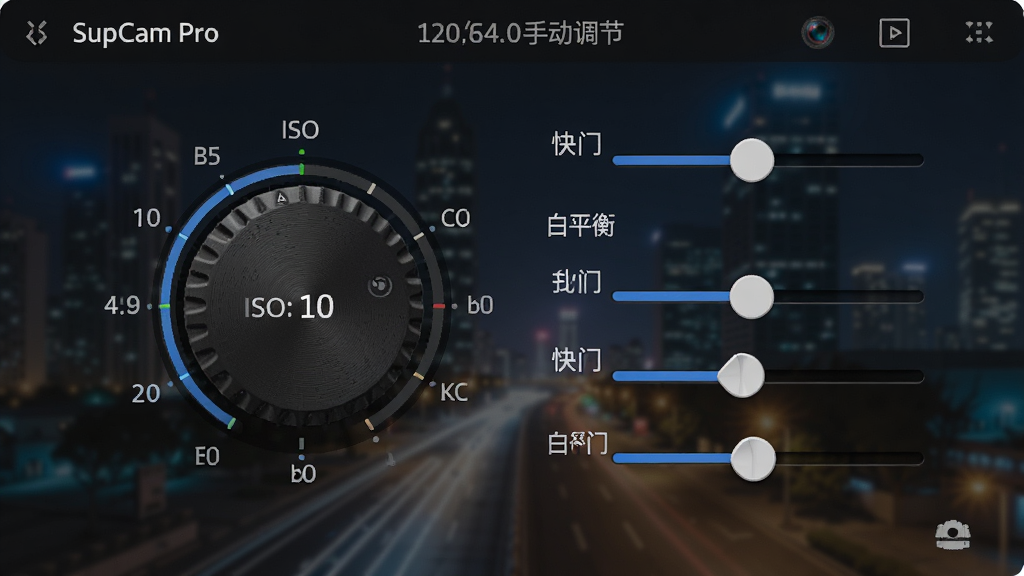 展示SupCam Pro手动调节界面,主体为参数调节轮盘与滑块组合,背景为虚化的城市夜景,布局简洁,排版直观,风格专业,细节标注“ISO”“快门”“白平衡”等字样,画质细腻,干净无多余元素