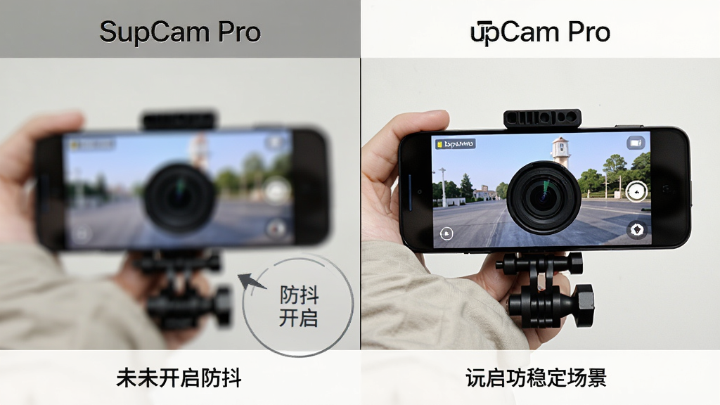 展示SupCam Pro防抖功能对比场景,主体为手持拍摄的动态画面,左侧为未开启防抖的模糊影像,右侧为开启防抖后的清晰稳定画面,布局左右对比,排版清晰,风格直观,细节突出“防抖开启”按钮,画质锐利,干净无多余元素