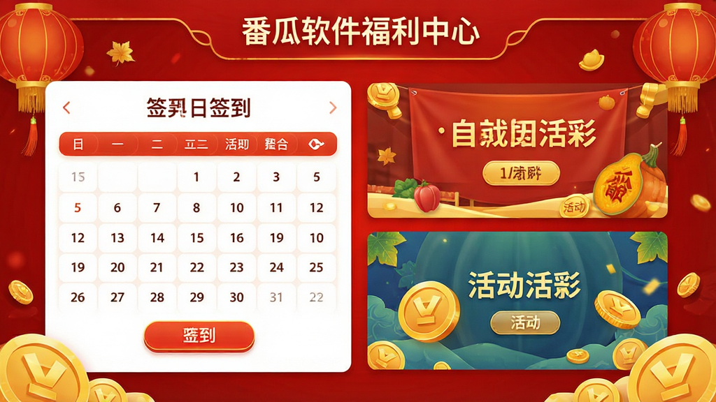 番瓜软件福利中心界面,展示签到日历和活动横幅,金币图标点缀,背景为红色喜庆风格,文字清晰,布局美观,高清画质,无多余元素