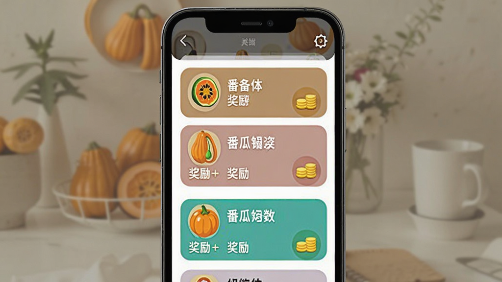 番瓜软件任务列表示意图,手机屏幕上展示多个任务卡片,每个卡片包含图标、名称和奖励金币,色彩鲜艳,布局整齐,背景虚化,画质清晰,无多余元素