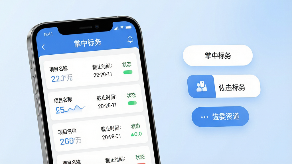 主体:一款名为“掌中标务”的移动应用界面,展示标书管理主页面,手机屏幕中显示清晰的标书列表和进度图标。布局:手机居于画面中央偏左,右侧留白处有悬浮功能按钮,背景为柔和的浅蓝渐变。排版:界面整洁,卡片式排列,标题栏有“掌中标务”字样。风格:现代商务科技感,扁平化设计。细节:屏幕中可见“项目名称”、“截止时间”、“状态”等文字,色彩以蓝白为主。画质:高清渲染,干净无多余元素。