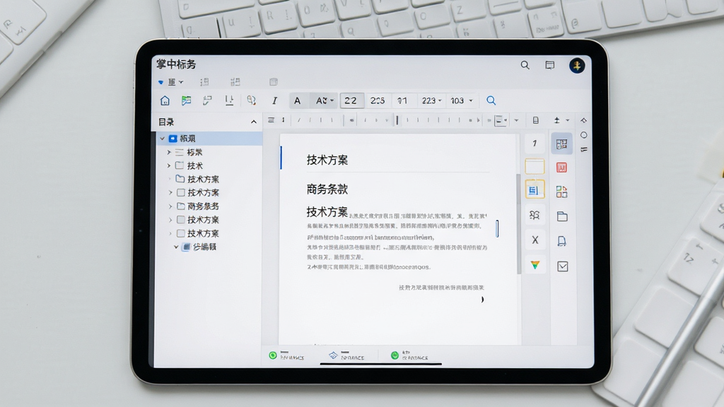 主体:“掌中标务”标书编辑界面,屏幕上显示文字编辑工具栏和富文本区域。布局:平板设备横屏展示,左侧为目录树,右侧为编辑区,背景为淡灰色工作台。排版:工具栏图标清晰,段落样式可见。风格:简洁生产力工具风格。细节:屏幕上有“技术方案”、“商务条款”等文档标题,光标闪烁,底部有同步状态图标。画质:细腻屏幕显示,干净无多余元素。