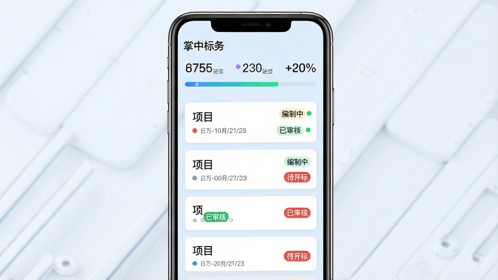 主体:手机竖屏显示“掌中标务”的进度看板界面,顶部有统计数字和进度条。布局:卡片式纵向排列,每张卡片代表一个项目,背景为浅蓝色商务风格。排版:清晰的项目名称和日期,状态用彩色圆点标识。风格:数据可视化看板风格。细节:卡片上有“编制中”、“已审核”、“待开标”等标签。画质:高清晰度,干净无多余元素。