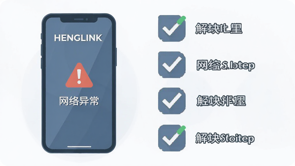 一张关于HENGLINK软件故障排除的插图,画面左侧为一部显示“网络异常”示意图的手机,右侧为一系列打勾的解决步骤图标,采用简洁的平面插画风格,布局清晰,排版有序,色调以蓝灰色为主,风格专业且友好,细节包含“HENGLINK”字样出现在手机屏幕上,画质干净,无多余文字