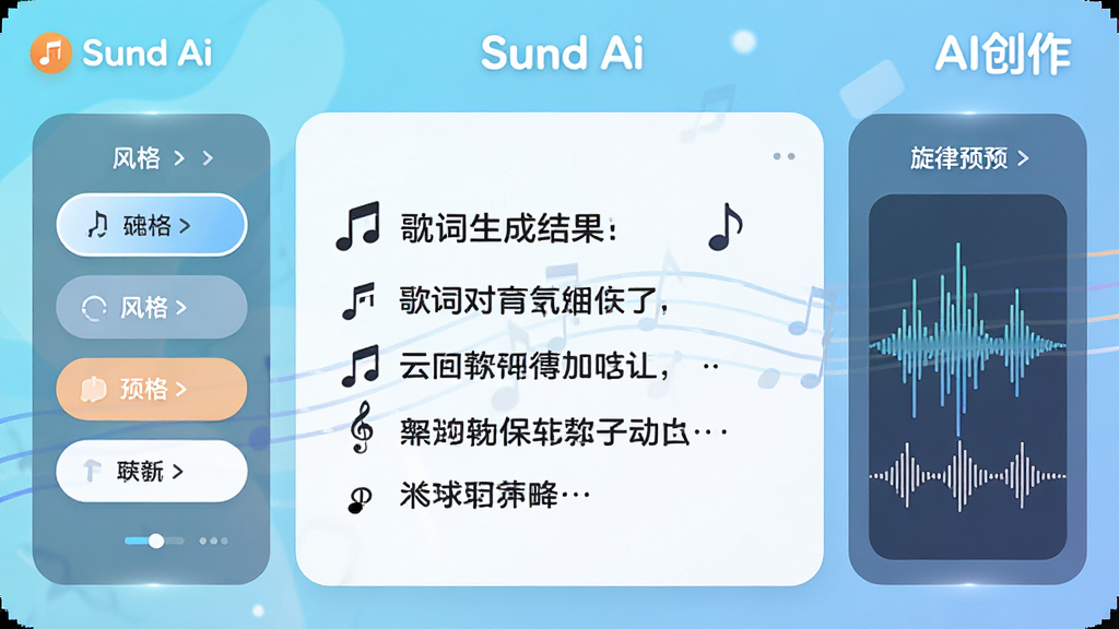 主体:Sund Ai的AI词曲生成界面,布局:中央展示歌词生成结果,两侧为风格选择按钮与旋律预览波形,排版:卡片式布局,圆角设计,风格:明亮清新的UI风格,细节:界面标注