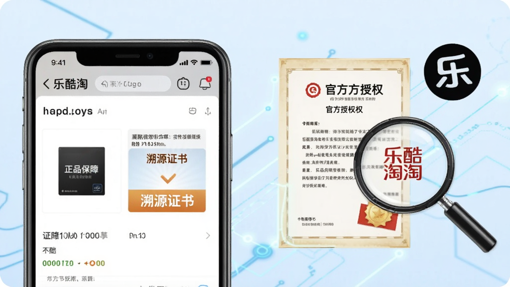 一张展示乐酷淘正品保障功能的宣传图,画面左侧是放大的乐酷淘APP界面,显示商品详情页中的“正品保障”与“溯源证书”标识,右侧是带有放大镜的官方授权文件与品牌Logo剪影,背景为淡蓝色科技感线条,风格专业可信,画质高清,干净无多余元素