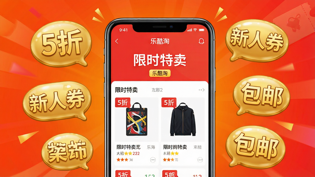 一幅展现乐酷淘海淘特价活动的场景,画面中心是手机APP截图,显示“限时特卖”页面,商品图片带有折扣标签,四周漂浮着“5折”、“新人券”、“包邮”等金色气泡文字,背景为热情的橙红色渐变,氛围热闹活泼,清晰展示乐酷淘品牌名称,画质干净,无多余元素