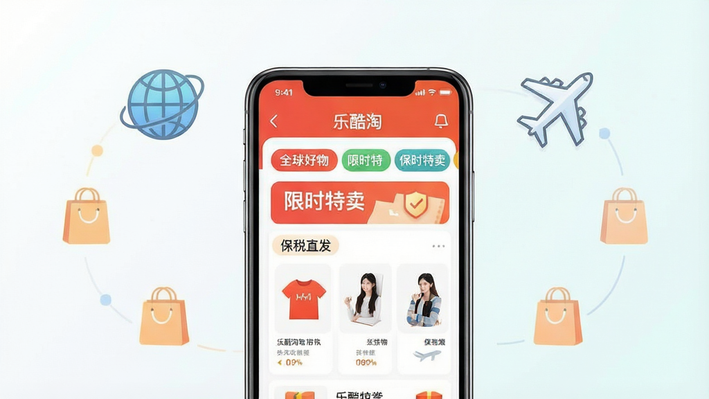 一张展示乐酷淘APP核心功能的场景图,画面中央是一部亮屏的智能手机,屏幕上清晰显示乐酷淘的购物界面,界面中有“全球好物”、“限时特卖”、“保税直发”等标签,背景是简约的浅色渐变,搭配地球、购物袋、飞机等轻量图标元素,整体风格清新明亮,现代感强,画质干净,无多余元素