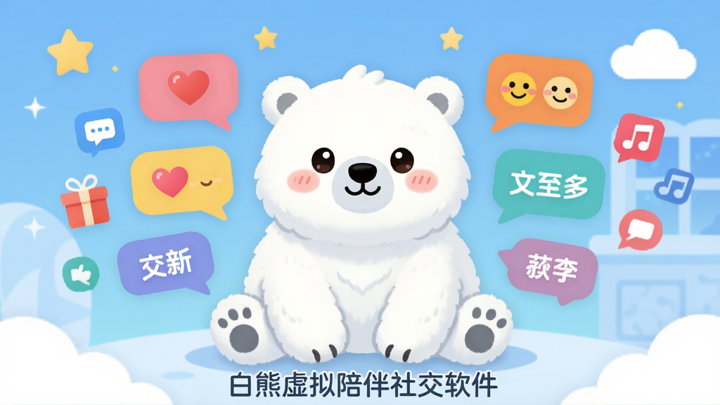 画面主体为一只圆润可爱的白色北极熊卡通形象,它正微笑着坐在一个温馨的房间里,面前悬浮着多个彩色对话框,对话框里有爱心、笑脸和文字气泡。整体布局以白熊为中心,四周环绕着各种社交互动图标,如消息、礼物、音乐等。排版采用居中对称式构图,背景是柔和的渐变蓝色调,搭配星星和云朵装饰。风格为清新治愈的扁平插画风,细节上突出白熊毛茸茸的质感和温柔的眼神,画质清晰明亮,干净无多余元素,画面下方带有“白熊虚拟陪伴社交软件”字样。