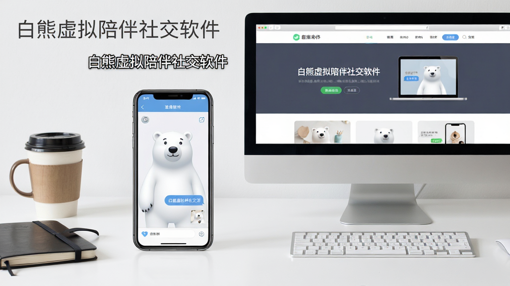 画面主体为一部手机和一台电脑并排放在桌面上,手机屏幕显示白熊虚拟陪伴社交软件的聊天界面,电脑屏幕显示软件官网页面。布局为平视视角,桌面干净整洁,周围有咖啡杯和笔记本。排版采用对称双中心构图,风格为清新商务风,细节上突出设备屏幕的显示内容,画质高清,干净无多余元素,手机屏幕上方有“白熊虚拟陪伴社交软件”字样。