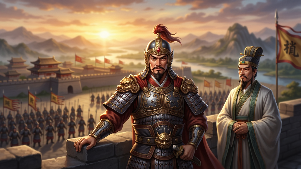 主体:《三国:谋定天下》游戏主视觉,古代将军与谋士站在城墙上眺望远方。布局:前景为游戏角色立绘,中景是宏大的城池与军队,背景是壮丽的山河与夕阳。排版:居中构图,角色占主体,背景虚化。风格:写实与国风结合,色彩浓郁,光影强烈。细节:盔甲纹理清晰,旗帜飘扬,军队整齐。画质:8K高清,干净,无多余元素。