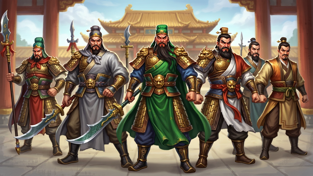 主体:《三国:谋定天下》武将立绘展示,包含刘备、关羽、张飞等角色。布局:多位武将并排站立,展示全身立绘。排版:横向排列,角色大小一致,背景为宫殿。风格:精美国风立绘,色彩华丽。细节:服装纹理、武器细节、面部表情生动。画质:高清原画,干净,无多余元素。