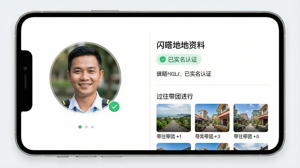 一张展示“闪嗒”App内地陪个人资料页面的界面设计图,主体为一名亲切的本地向导头像与详细的个人信息列表,布局采用左侧头像右侧文字的两栏式结构,排版清晰,风格简洁商务,细节包含“已实名认证”徽章与过往带团照片墙,画质干净,无多余元素