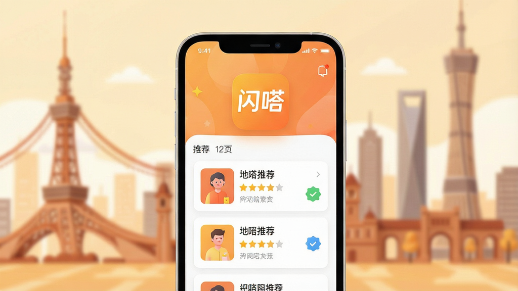 一张展示闪嗒App界面概览的3D渲染图,主体为手机屏幕内清晰显示“闪嗒”Logo与地陪推荐卡片列表,背景虚化处理突出城市地标建筑剪影,布局采用居中对称,排版简洁现代,融合插画与扁平化设计风格,色彩明快温暖,细节包含星级评分与认证标识,画质高清,干净无多余元素
