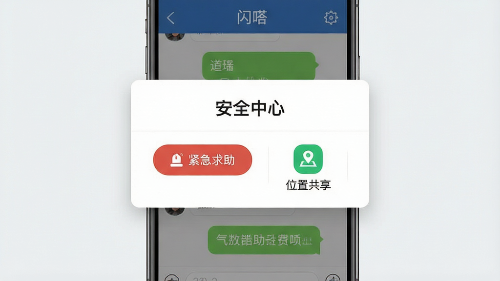 一张展现“闪嗒”App聊天界面与安全中心功能的预览图,主体为手机聊天窗口背景上叠加显示“安全中心”功能面板的图标,布局采用居中弹窗设计,排版清晰,风格沉稳商务,细节包含“紧急求助”按钮与“位置共享”图标,画质干净,无多余元素