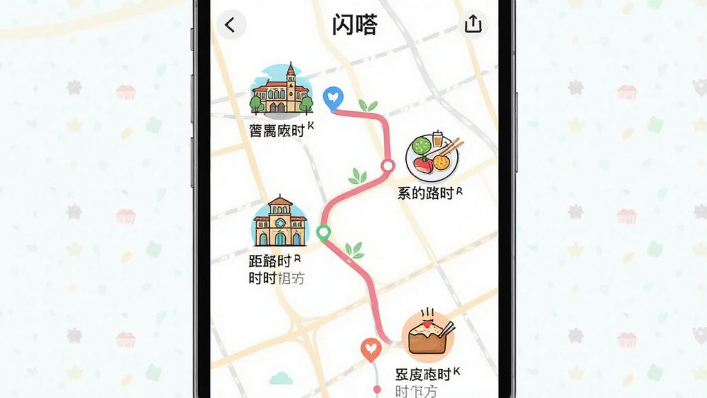 一张展示“闪嗒”App行程规划功能的界面截图设计,主体为手机界面中一条色彩鲜明的路线图,串联起数个特色景点与美食打卡点,布局采用纵向时间线形式,排版直观,风格活泼清新,细节包含代表不同兴趣的图标标注与距离时长信息,画质高清,无多余元素