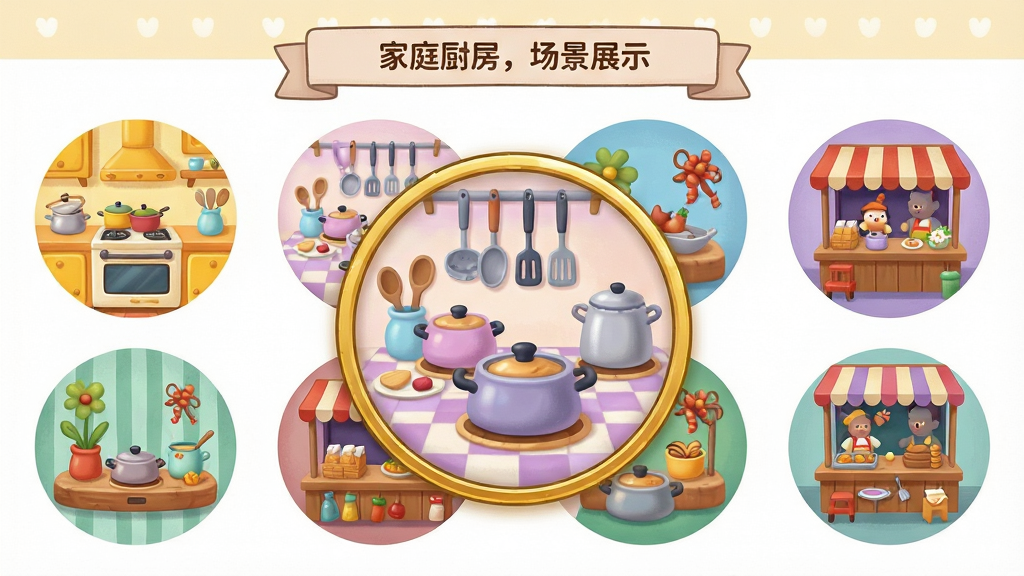 主体:六大主题场景缩略图展示,包括家庭厨房、法式餐厅、美食街摊等。布局:以画廊形式横向排列六个圆形缩略图,中央放大显示选中的场景。排版:上下结构,上方为场景名称横幅,下方为缩略图列表,简洁直观。风格:清新卡通,每个场景色调不同,如家庭厨房暖黄、法式餐厅淡紫。细节:缩略图中可见代表性厨具与装饰,选中场景有金色边框高亮。画质:细腻场景绘制,干净明亮,无多余元素。