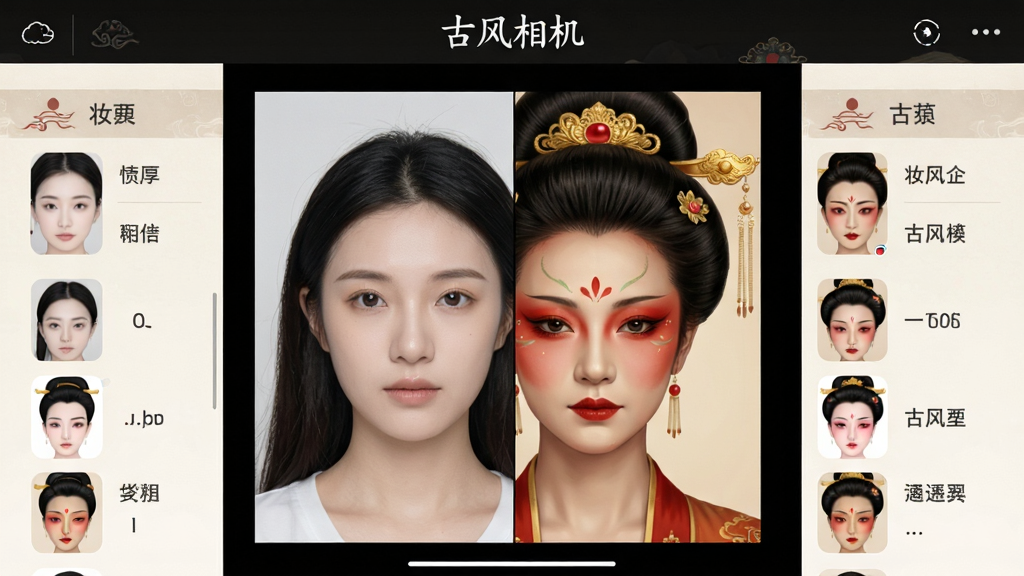 主体:古风相机软件界面,屏幕上展示一位现代女性头像正在应用唐代妆容特效的对比过程。布局:界面中央为头像预览,左右两侧分布妆容选择列表。排版:功能列表清晰,头像预览区占视觉重心。风格:软件截图风格,界面设计简洁,带有古风元素的图标。细节:屏幕中头像左右分屏对比,左侧为素颜现代照,右侧为化着唐代红妆、头戴金钗的古典造型,界面顶部显示“古风相机”字样。画质:高清、干净、无多余元素。