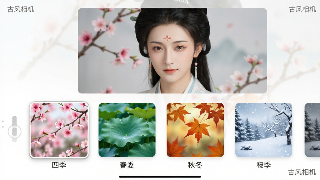 主体:古风相机软件运行界面,展示一组以“四季”为主题的滤镜选择。布局:界面上方为同一张古风人像原图,下方横向排列四个滤镜缩略图,分别对应春夏秋冬。排版:横向滑动菜单,缩略图均标注滤镜名称。风格:简洁的UI设计,滤镜缩略图带有微缩景观般的视觉效果。细节:四季滤镜分别呈现桃花、荷叶、枫叶、雪景的色调,屏幕角落有“古风相机”水印。画质:高清、干净、无多余元素。