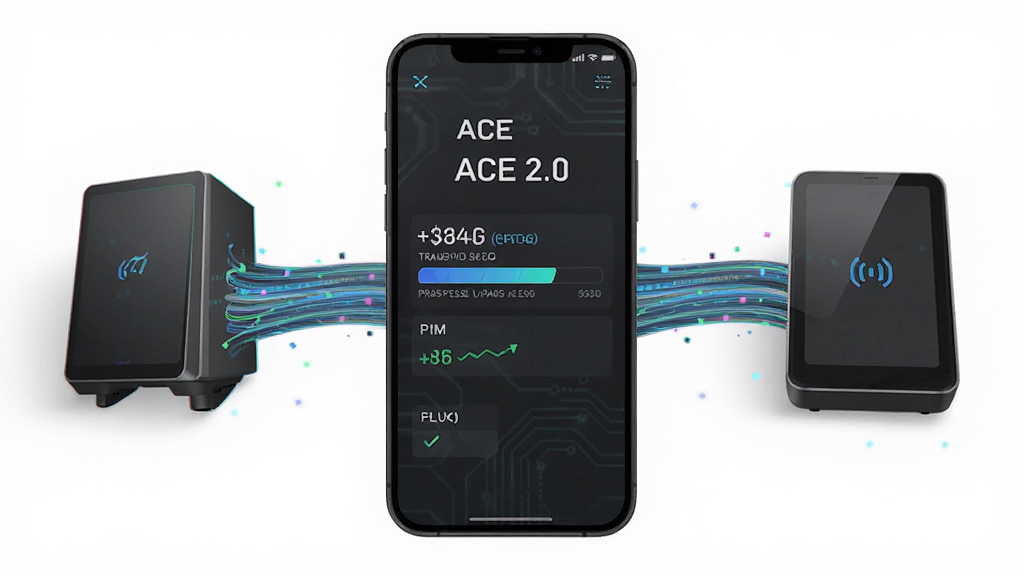主体为ACE 2.0文件传输进度界面,手机与设备之间用动态线条表示数据流动,背景为深灰科技感,布局居中,排版简洁,风格炫酷,细节包括传输速度数值和进度条,画质高清,无多余元素