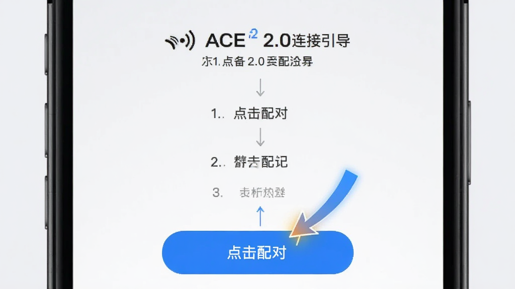 主体为手机界面展示ACE 2.0连接引导页,有箭头指示点击配对按钮,背景为浅灰,布局居中,排版步骤化,风格清新,细节包括文字“点击配对”和设备图标,画质干净