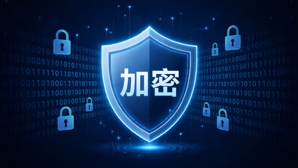 顺达通联宝安全加密功能概念图,画面中央是一个发光的盾牌图标,盾牌上带有“加密”字样,周围环绕着复杂的二进制代码和锁形图案,背景为深蓝色科技感渐变,整体风格抽象且专业,突出数据安全与保护,构图稳定,画质清晰,无多余元素。