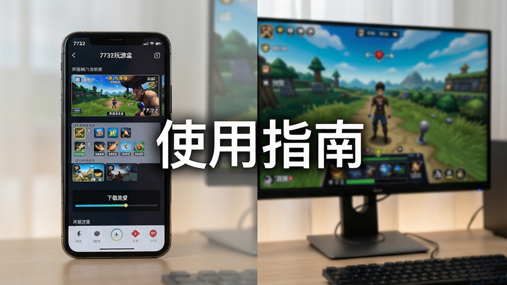 主体:手机展示7732玩游盒的操作界面,旁边放置电脑显示器显示模拟器画面。布局:手机与电脑并排,画面中心突出“使用指南”文字。排版:分屏展示移动端与电脑端操作场景。风格:写实生活化,光线柔和。细节:屏幕内容显示游戏列表与下载进度条。画质:高清摄影质感,干净无杂乱元素。
