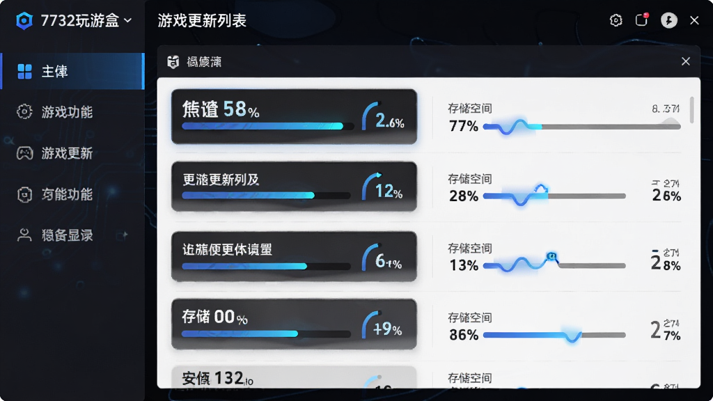 主体:7732玩游盒游戏管理功能界面,显示游戏更新列表与存储空间占用。布局:左右分栏,左侧为功能菜单,右侧为详情列表。排版:信息层级分明,重点数据高亮。风格:深色系科技风,搭配蓝色高亮。细节:进度条与百分比数据动态展示,图标精致。画质:清晰锐利,背景干净。