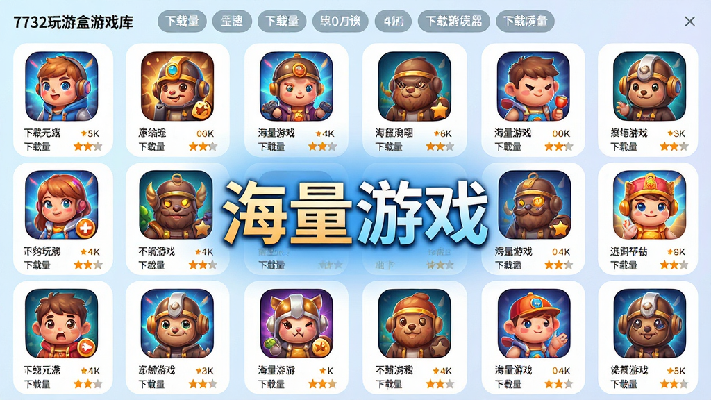 主体:7732玩游盒游戏库界面,展示多款游戏图标与名称。布局:网格状排列,图标大小均匀,视觉中心突出“海量游戏”字样。排版:规整有序,分类标签置于顶部。风格:清新明亮,色彩鲜艳。细节:游戏图标带有光影效果,下载量与评分清晰标注。画质:4K高清,画面纯净无冗余。
