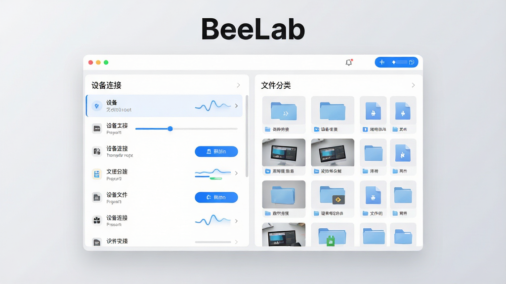 主体为现代极简风格的BeeLab软件主界面展示图,界面平铺在桌面中央,背景为淡雅的浅灰色渐变。布局清晰展示“设备连接”与“文件分类”两大核心功能模块,左侧为设备列表,右侧为文件缩略图墙。风格为扁平化UI设计,细节包含流畅的传输进度条与蓝色高亮按键,整体画质高清通透,干净无多余元素,屏幕上需有醒目的“BeeLab”字样。