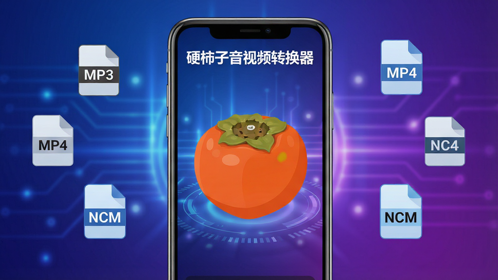 高清数字风格展示台,主体为硬柿子音视频转换器手机界面全屏预览,居中构图,界面顶部显示“硬柿子音视频转换器”文字,背景为渐变蓝紫色科技光效,周围悬浮MP3、MP4、NCM等格式图标,排版简洁大气,风格现代扁平化,细节清晰干净,无多余元素。