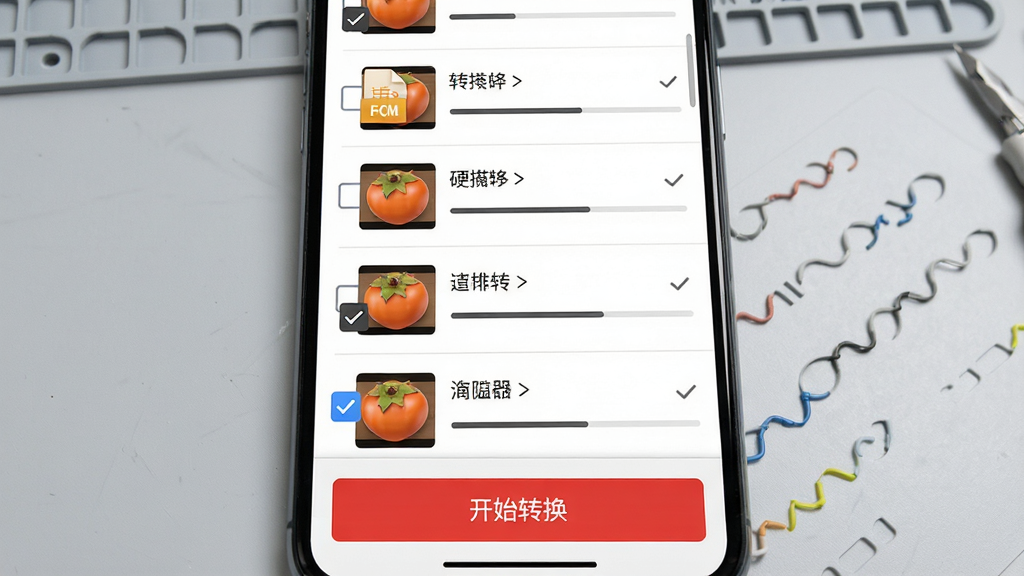 硬柿子音视频转换器批量操作界面截图风格,主体为手机屏幕特写,屏幕内显示多个音视频文件列表并勾选,底部有“开始转换”红色按钮,背景为浅灰色工作台面,布局居中,排版清晰,风格写实,细节包含文件格式图标与进度条,画质高清干净,无多余元素。